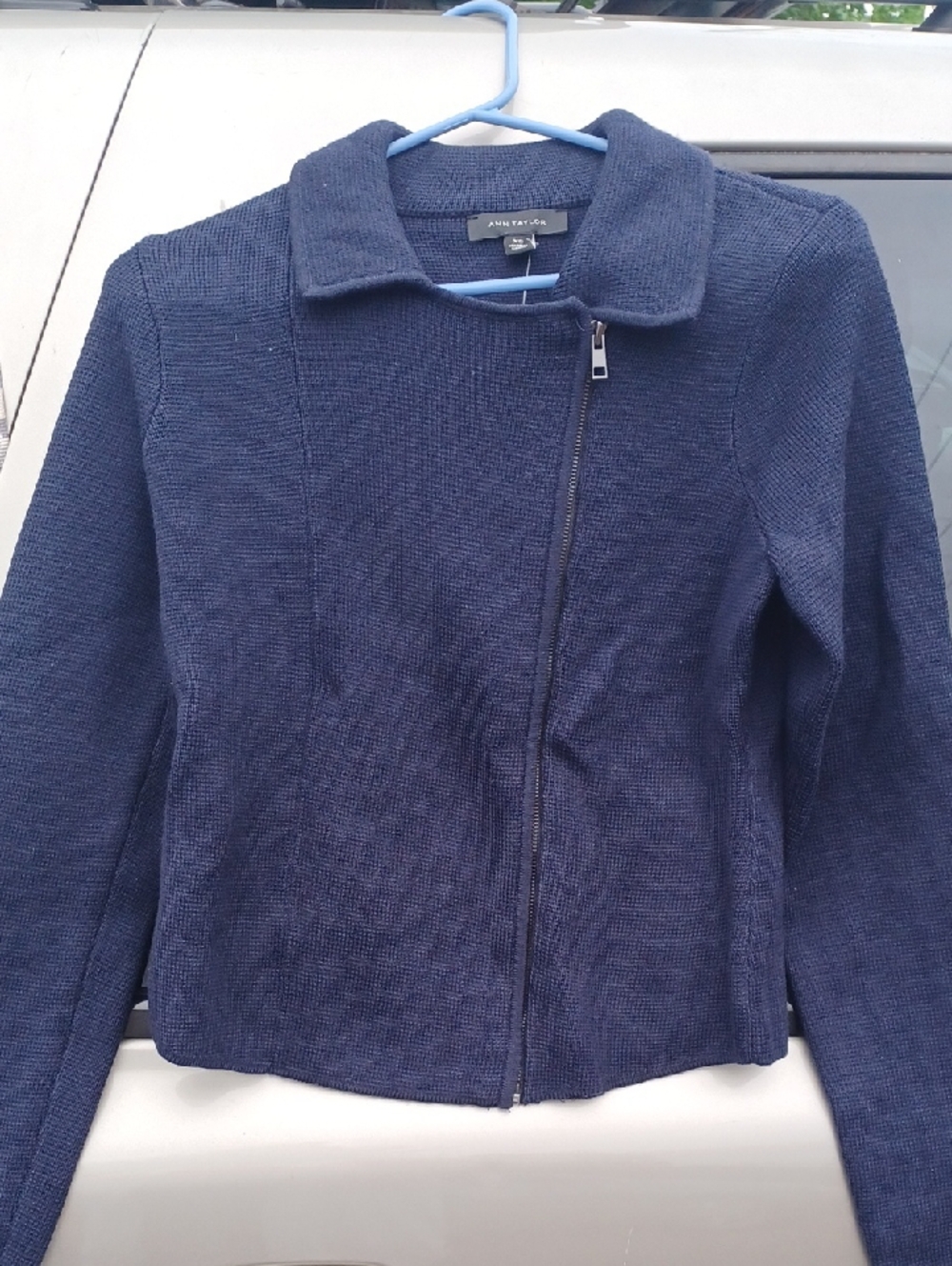 Ann Taylor Navy Zip-Front Knit Blazer